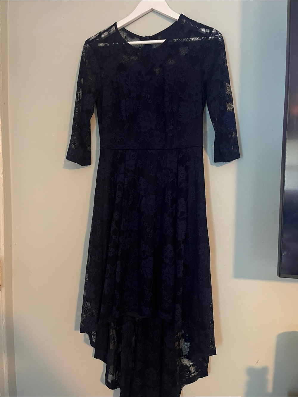 Navy Lace High-Low Dress with Three-Quarter Sleeves